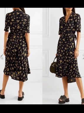 GANNI Dalton Wrap Dress Midi Floral Tie Waist V-Neck Feminine Scandi Chic Size34